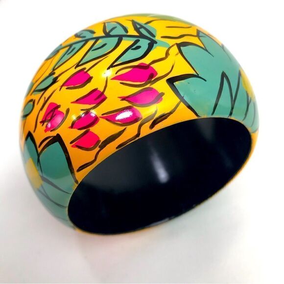 Hand Painted Yellow Teal Green Floral Artisan Statement Bracelet - Picture 1 of 14